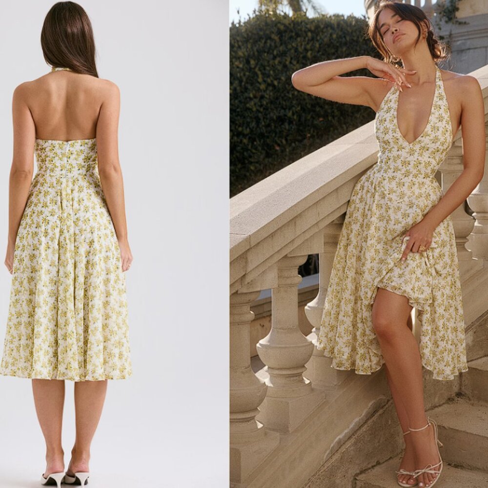 House of CB 'Solada' Ivory Vintage Floral Print Georgette Halter Sundress NWOT - Picture 4 of 8